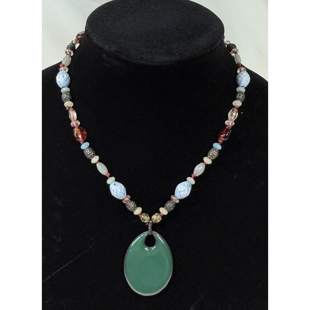 Multicolor Beaded Necklace Green Teardrop Pendant Aqua Amber Silver Tone Boho